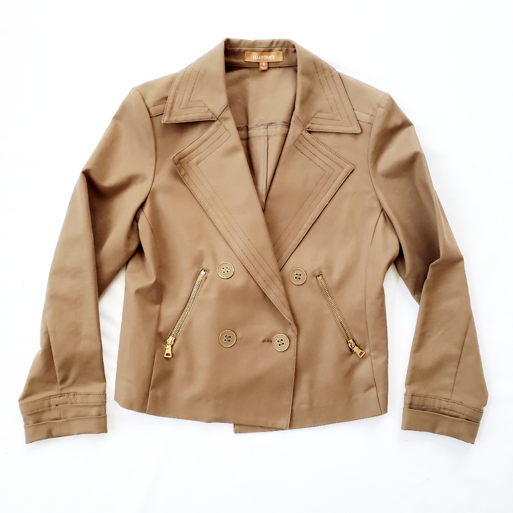 NWOT Ellen Tracy Khaki Double Breasted Cropped Trench Jacket